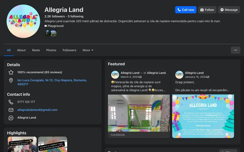 Pagina de Facebook a ALLEGRIA LAND