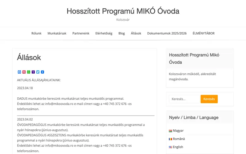 Pagina principală a site-ului Grădinița Mikó