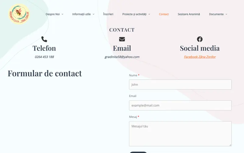 Pagina principală a site-ului Grădinița „Zâna Zorilor” II