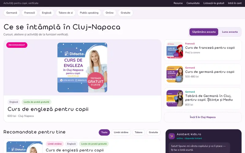 Pagina principală a site-ului Kids.ro