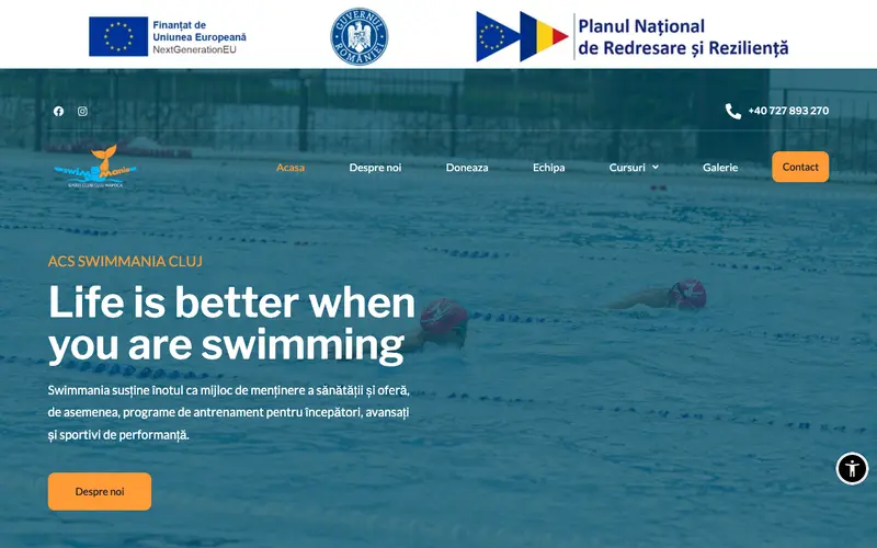 Pagina principală a site-ului Swimmania Cluj-Napoca